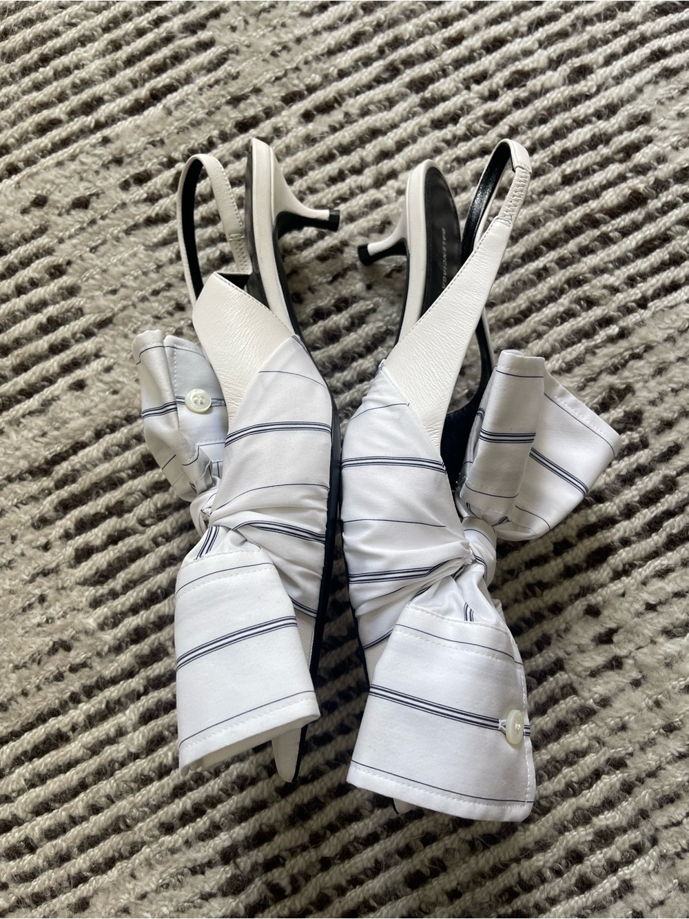 Balenciaga | Nappa Stripe Poplin Pointed Toe Knife Chemise Slingback Mules - Picture 6 of 8